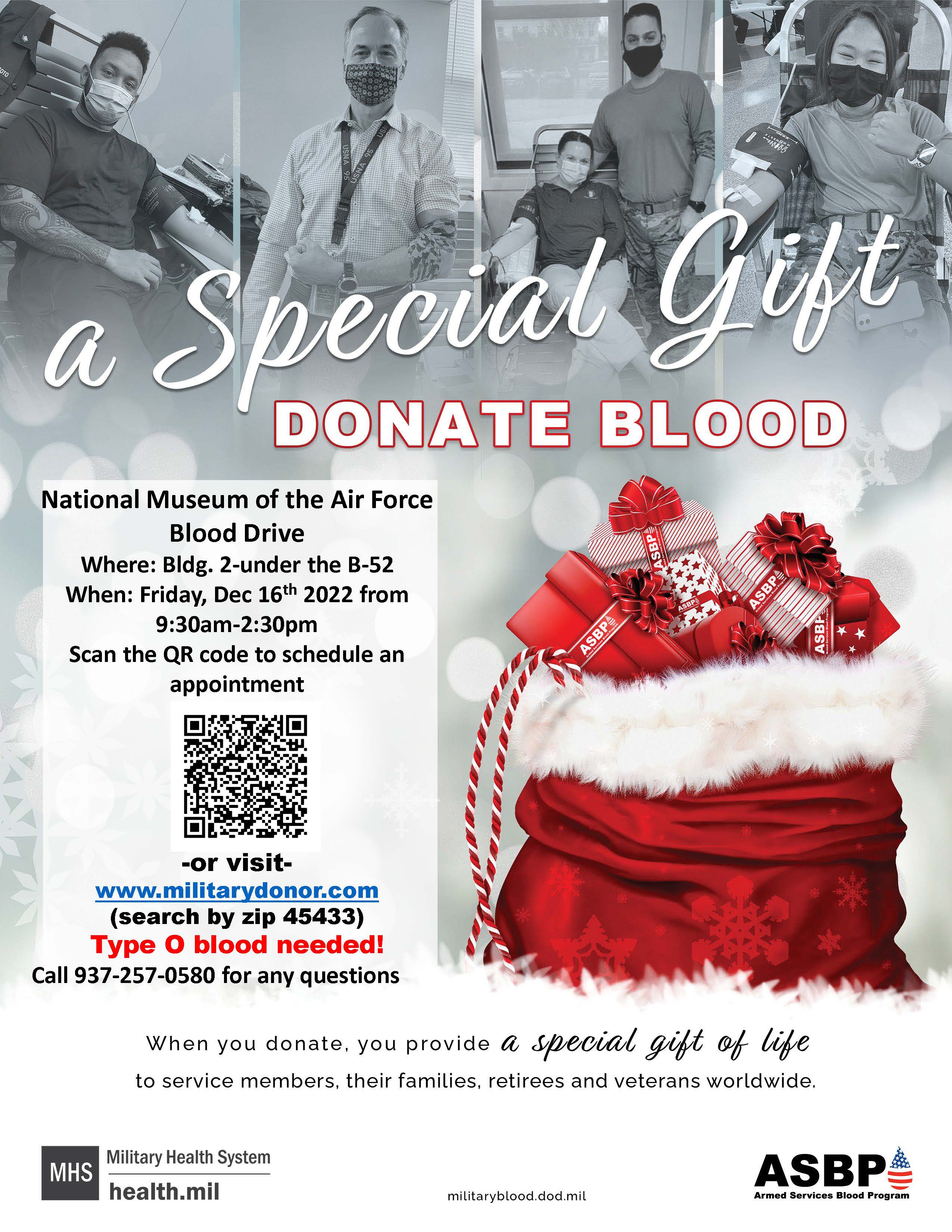 Donate Blood Flyer, Dec 16 from 9:30 a.m. - 2:30 pm at the museum under the B-52